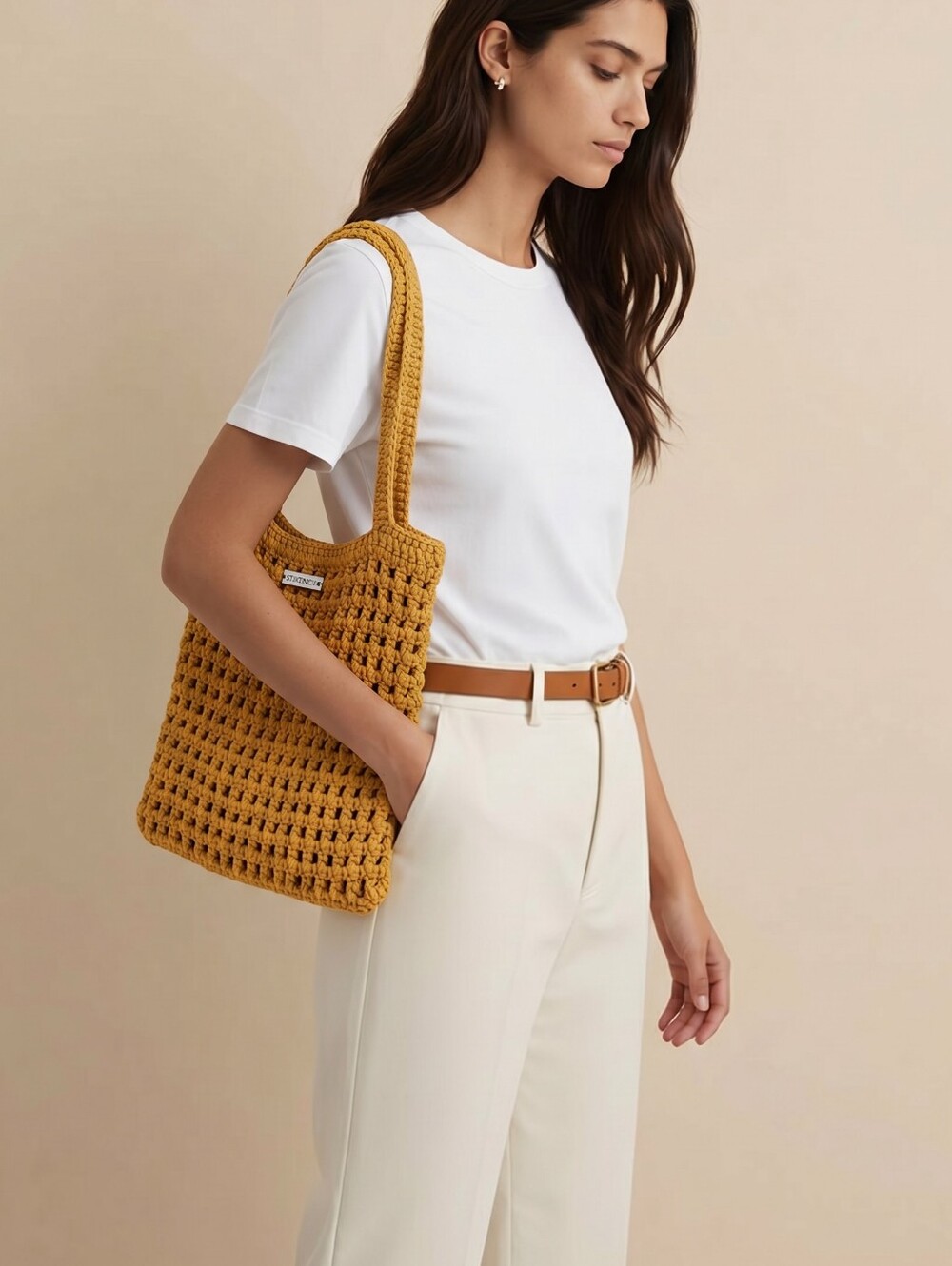 🧵Anthropologie x BINGE Knitted Beach Tote Bag Handcrafted Color Mango 14" x 14"